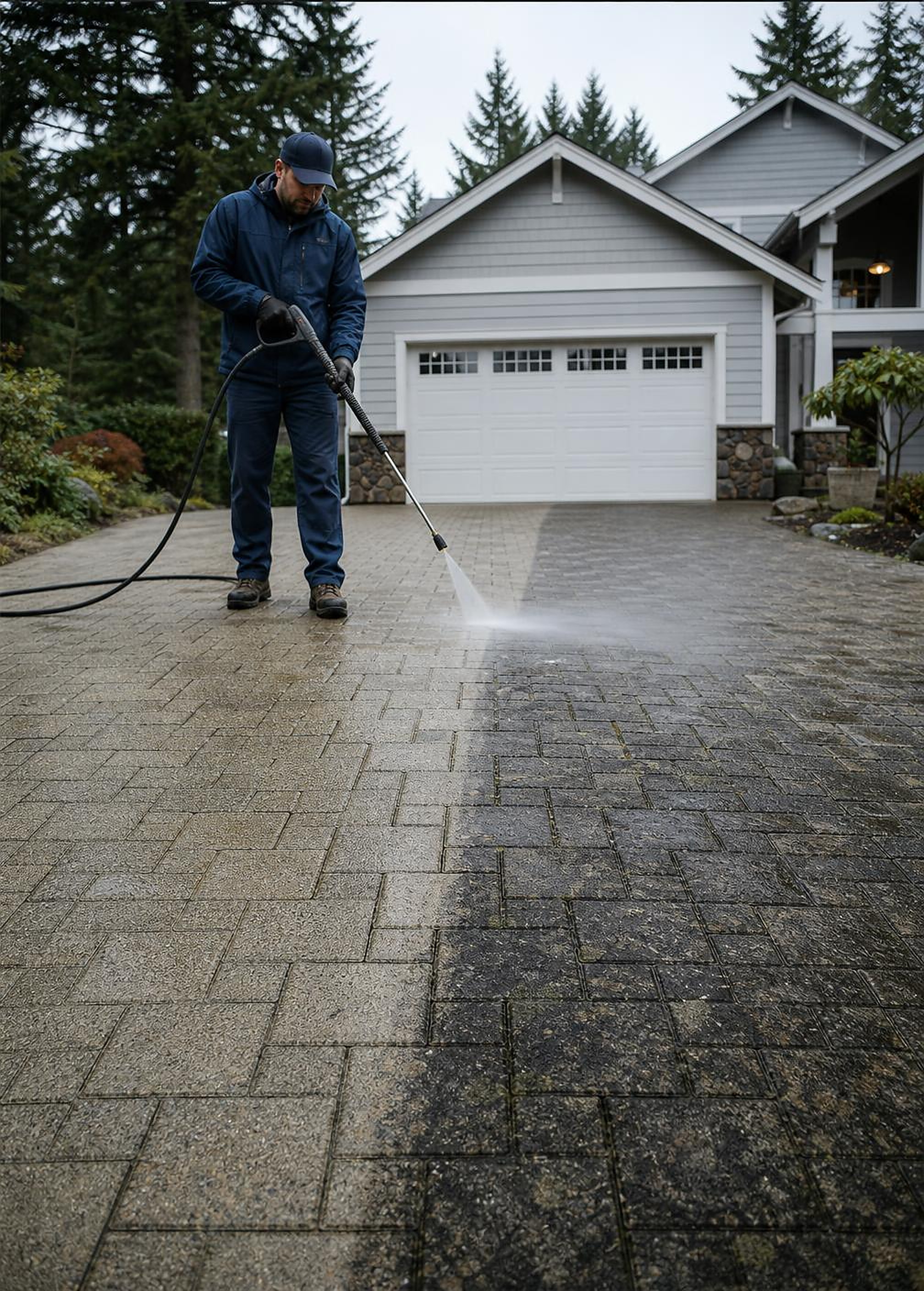 A Mr. Sparkle technician pressure washing a driveway in Nanaimo, with a sharp line between the dirty and freshly cleaned pavers