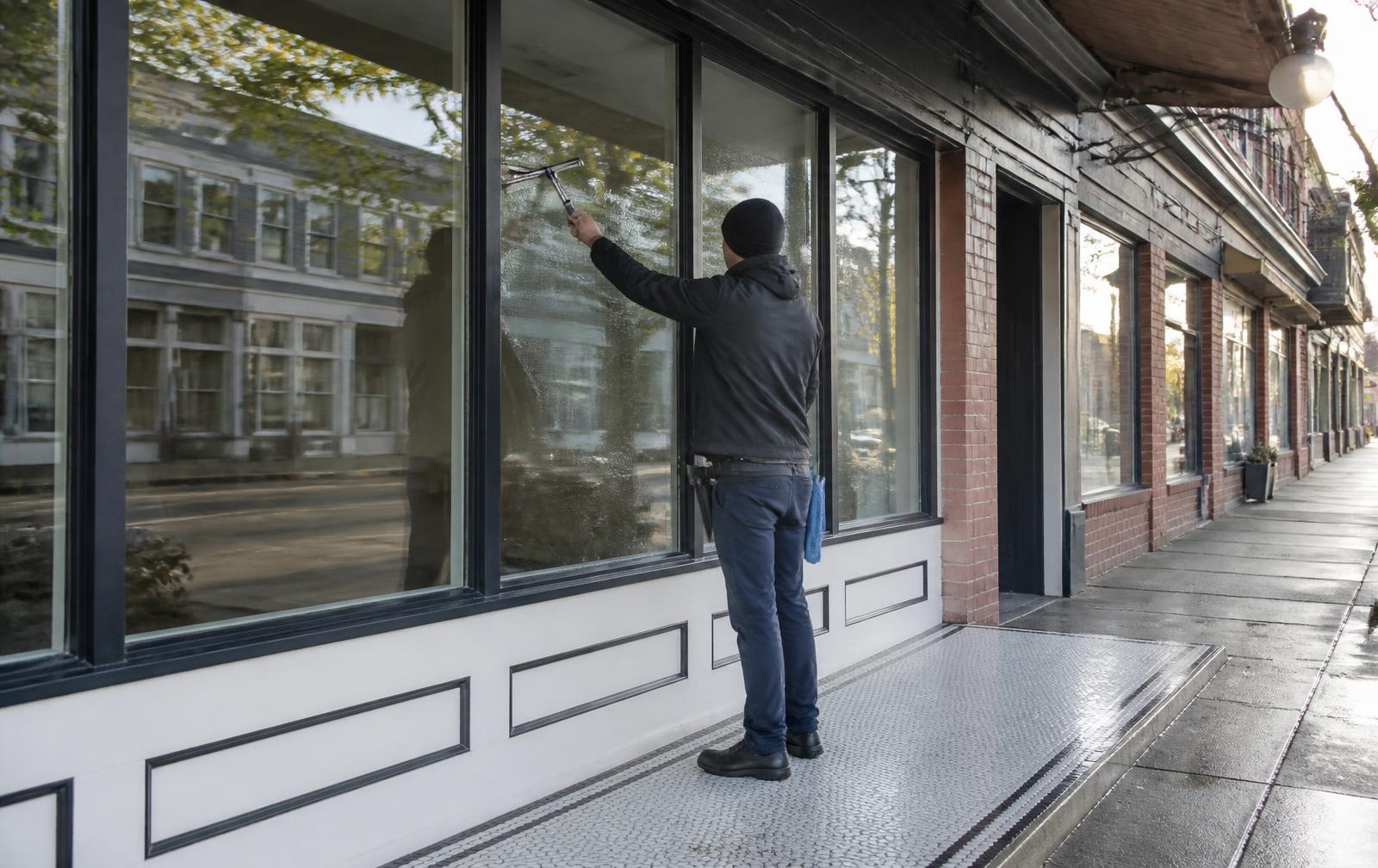 Window cleaner squeegeeing the glass of a small commercial storefront