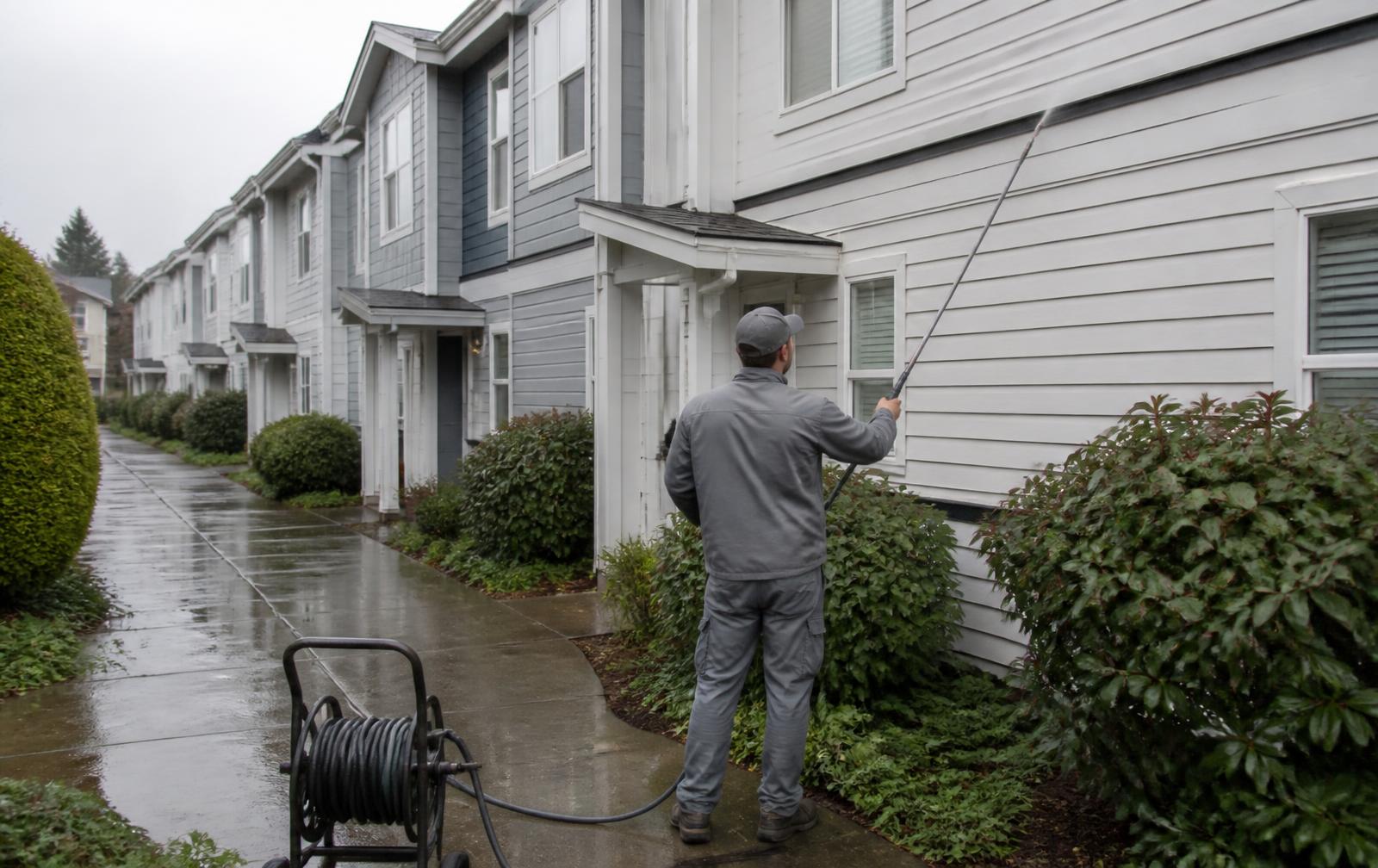 Technician softwashing siding along a multi-unit townhome strata complex
